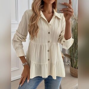 Elegant Cream Button-Down Tiered Shirt